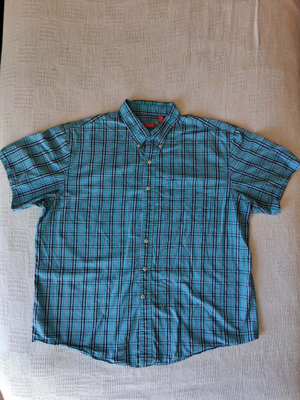 IZOD Button-Down Plaid Short Sleeve Shirt Size XL Turquoise Blue